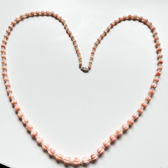 Vintage Graduated Watermelon Carved Angel Skin Coral pearl 14k Necklace 32” L - Picture 7 of 7